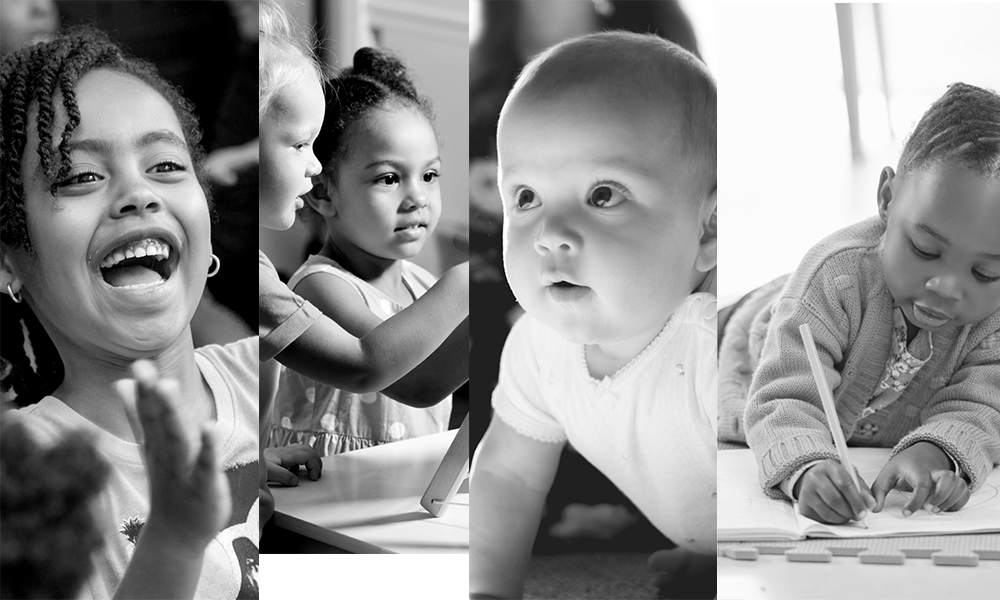 a collage of photos of a young child