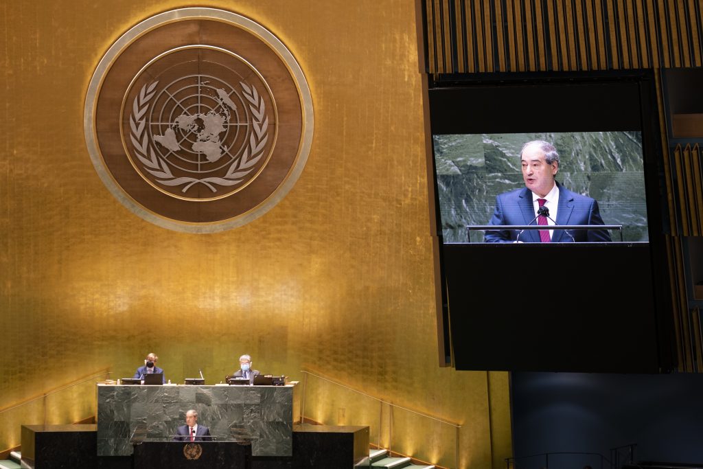 Faisal al-Miqdad, the Syrian foreign minister, addresses the seventy-sixth session of the UN General Assembly on September 27, 2021 at UN headquarters in New York City. Source: John Minchillo-Pool/Getty Images