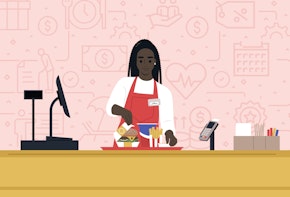 A Black fast-food worker behind the register counter serving an order on a tray.