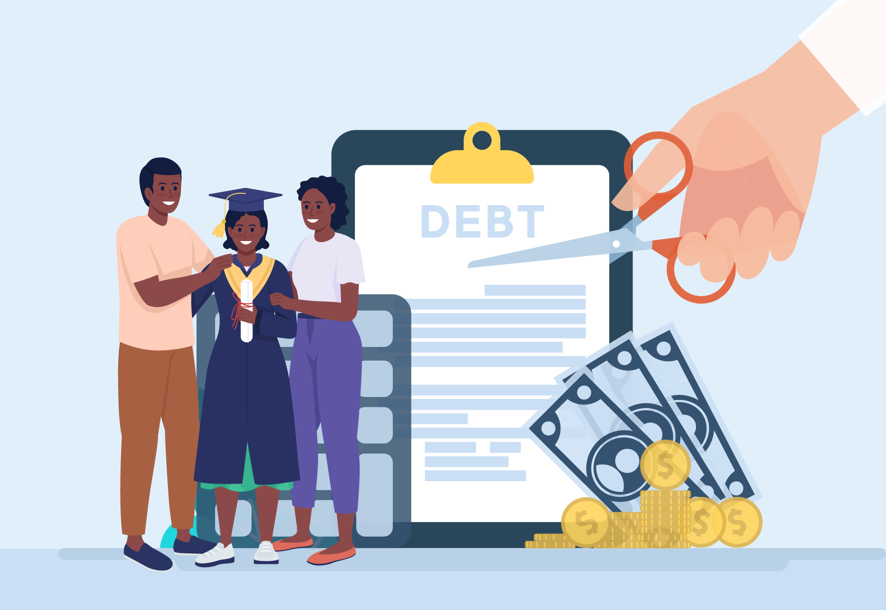 A family of a graduating student stands in front of a group of money and debt icons.