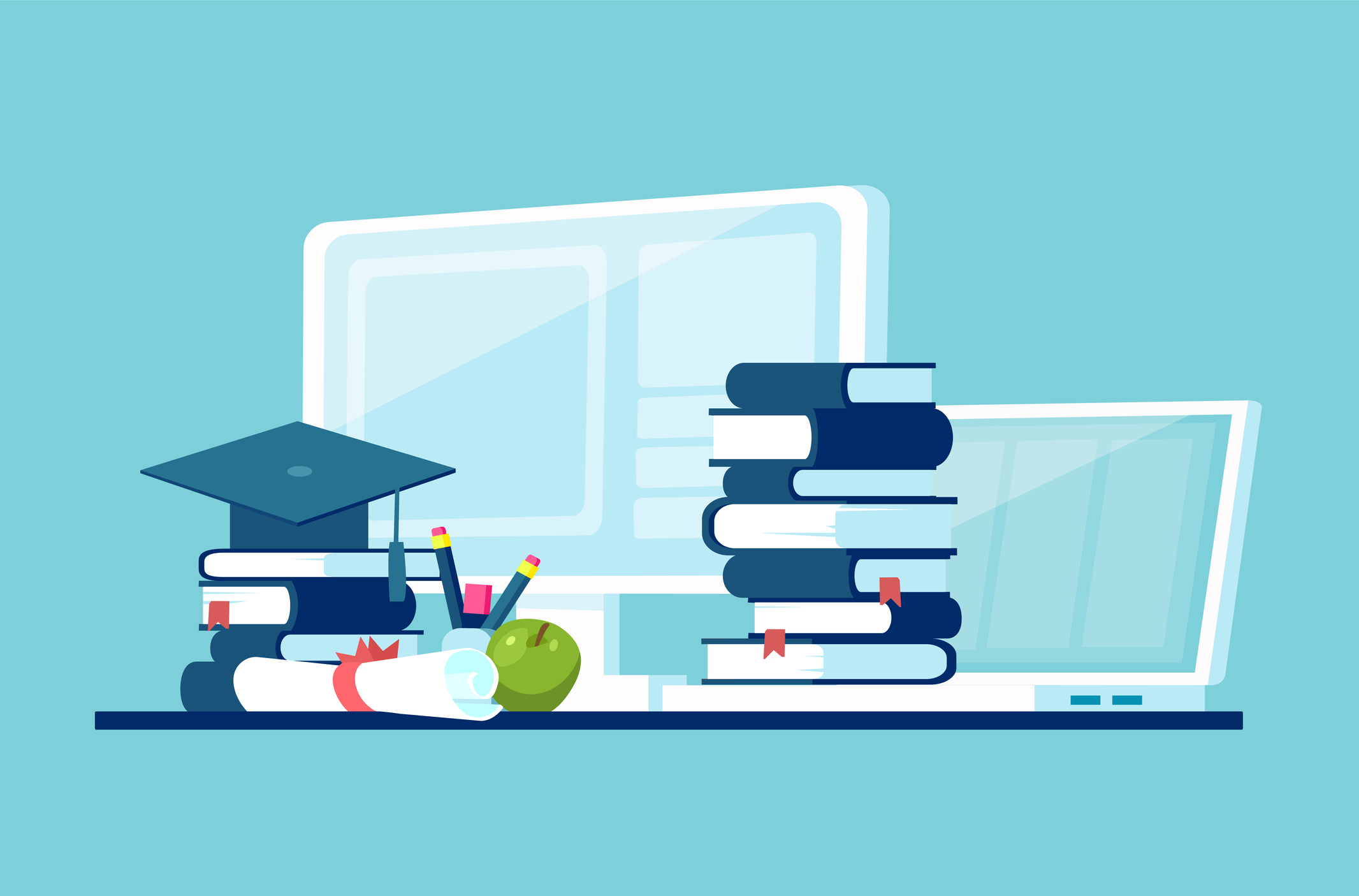Vector concept for distance education, online learning with pile of book; computer; diploma and graduation cap