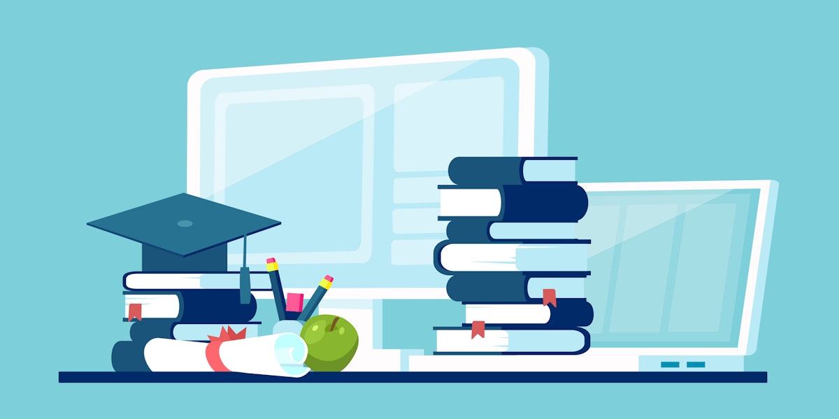 Vector concept for distance education, online learning with pile of book; computer; diploma and graduation cap