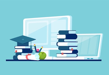 Vector concept for distance education, online learning with pile of book; computer; diploma and graduation cap
