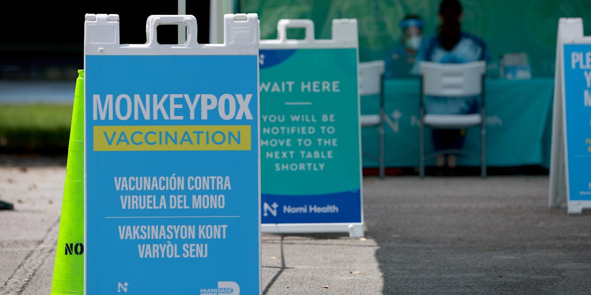 MIAMI, FLORIDA - AUGUST 15: A sign announcing monkeypox vaccination is setup in Tropical Park by Miami-Dade County and Nomi Health on August 15, 2022 in Miami, Florida. Miami-Dade continues to urge people to vaccinate as they work to get more vaccines now that the county has over 400 cases, which is the most in the state. (Photo by Joe Raedle/Getty Images)