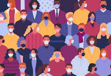 An illustration of a crowd of people in medical masks.