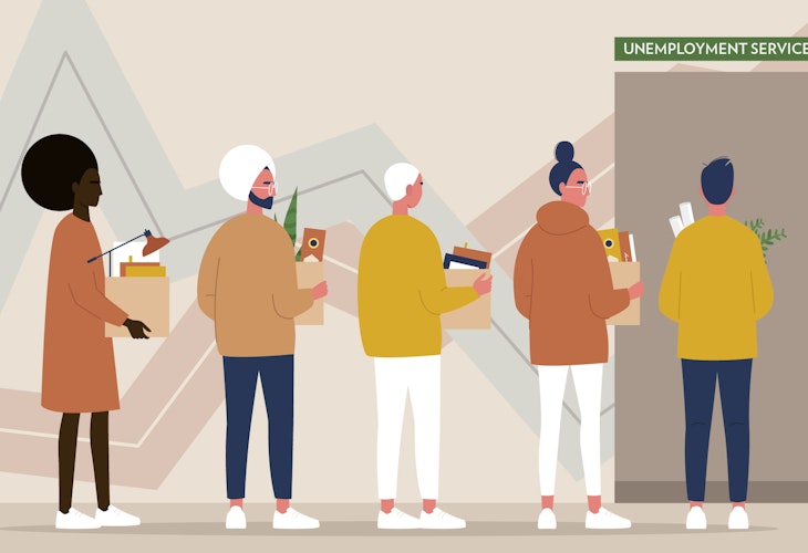 A line of people leaving the workplace.