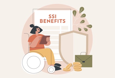 A disability insurance abstract concept illustration featuring a person in a wheelchair, money icons, and paperwork that reads SSI Benefits.