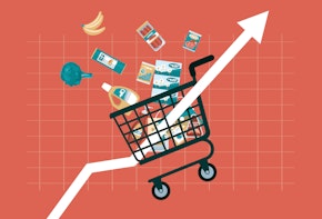 An arrow going upward through a shopping cart to symbolize rising inflation.