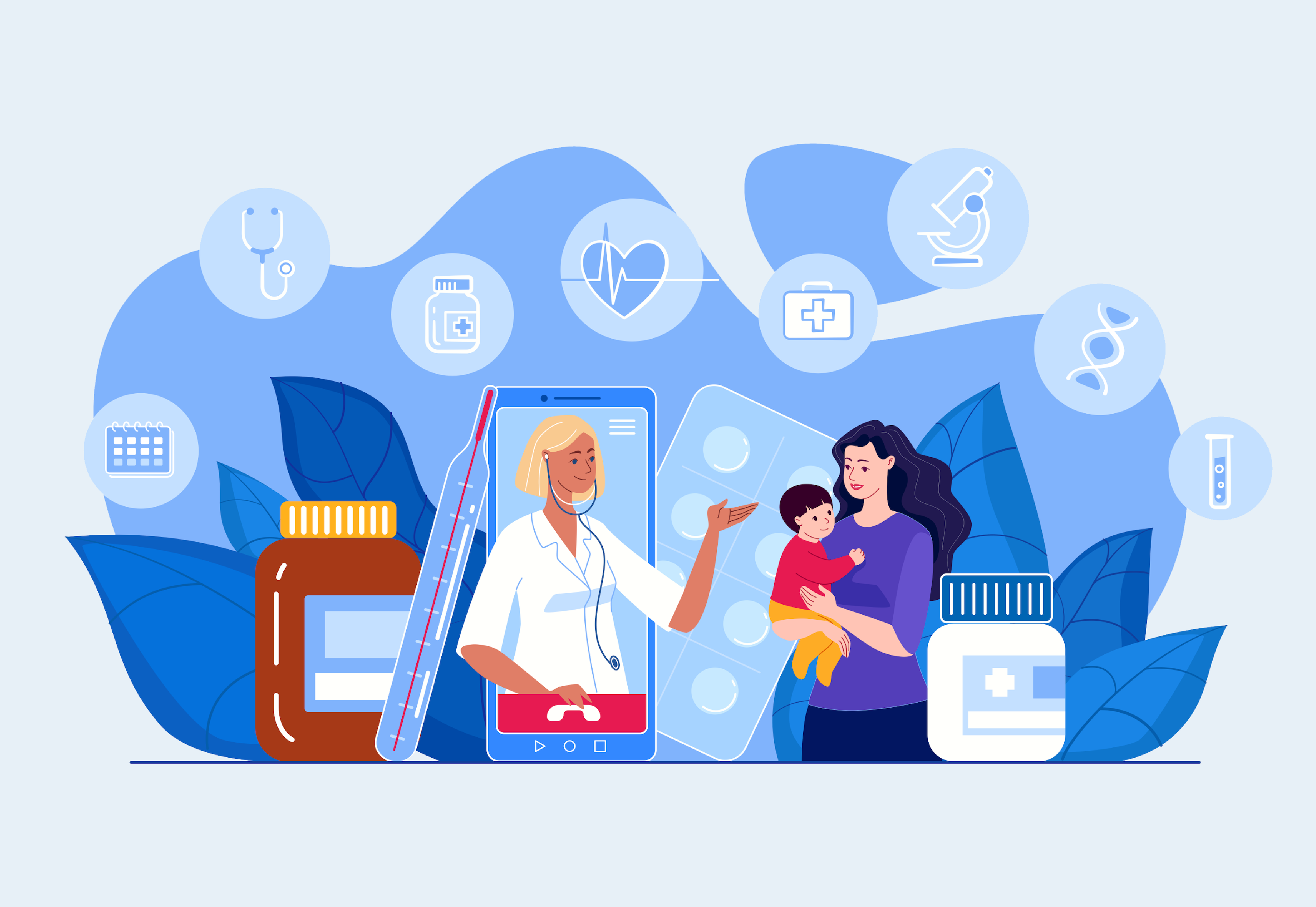 A mother and child talking, consulting a doctor using a tablet.