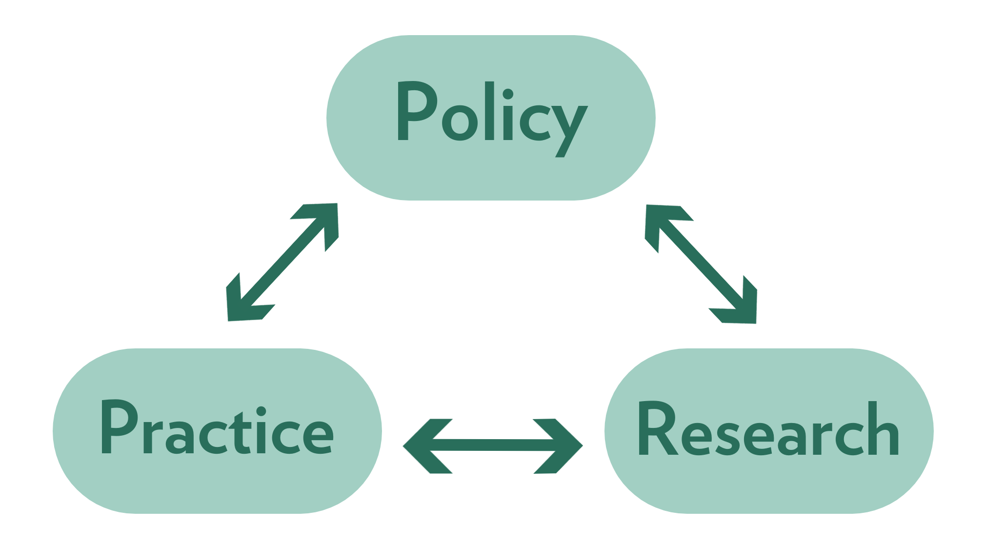 A green flowchart that shows a cycle of three concepts, flowing between Policy, Practice, and Research.