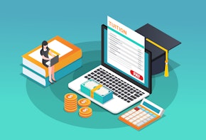 A vector image that shows various icons representing online tuition including a laptop, a person studying, and an outstanding bill.