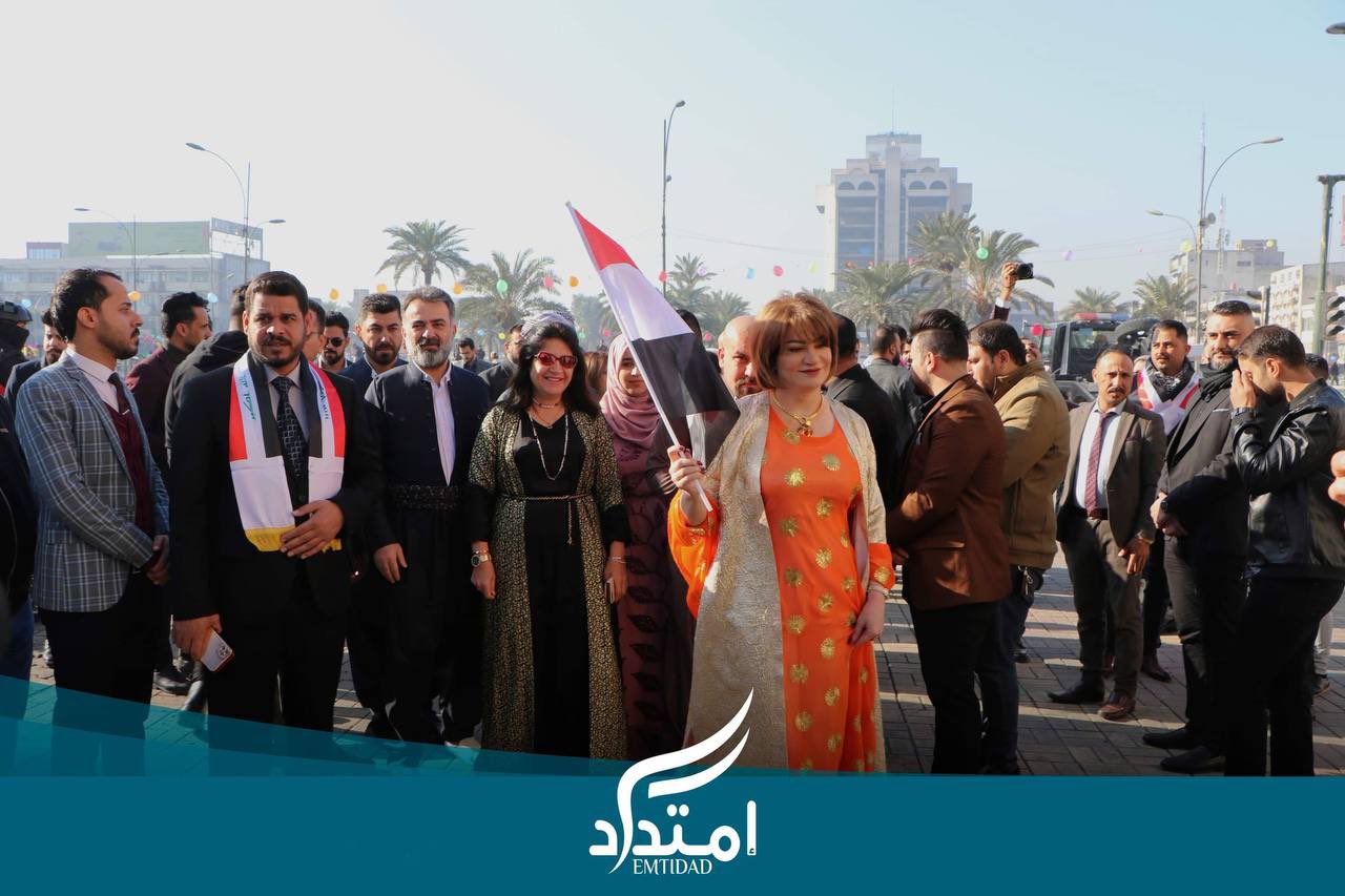 Representatives and supporters of the Emtidad party parade from Tahrir Square in the center of Baghdad to mark the start of the Iraqi Council of Representatives’ fifth session in January 2022.