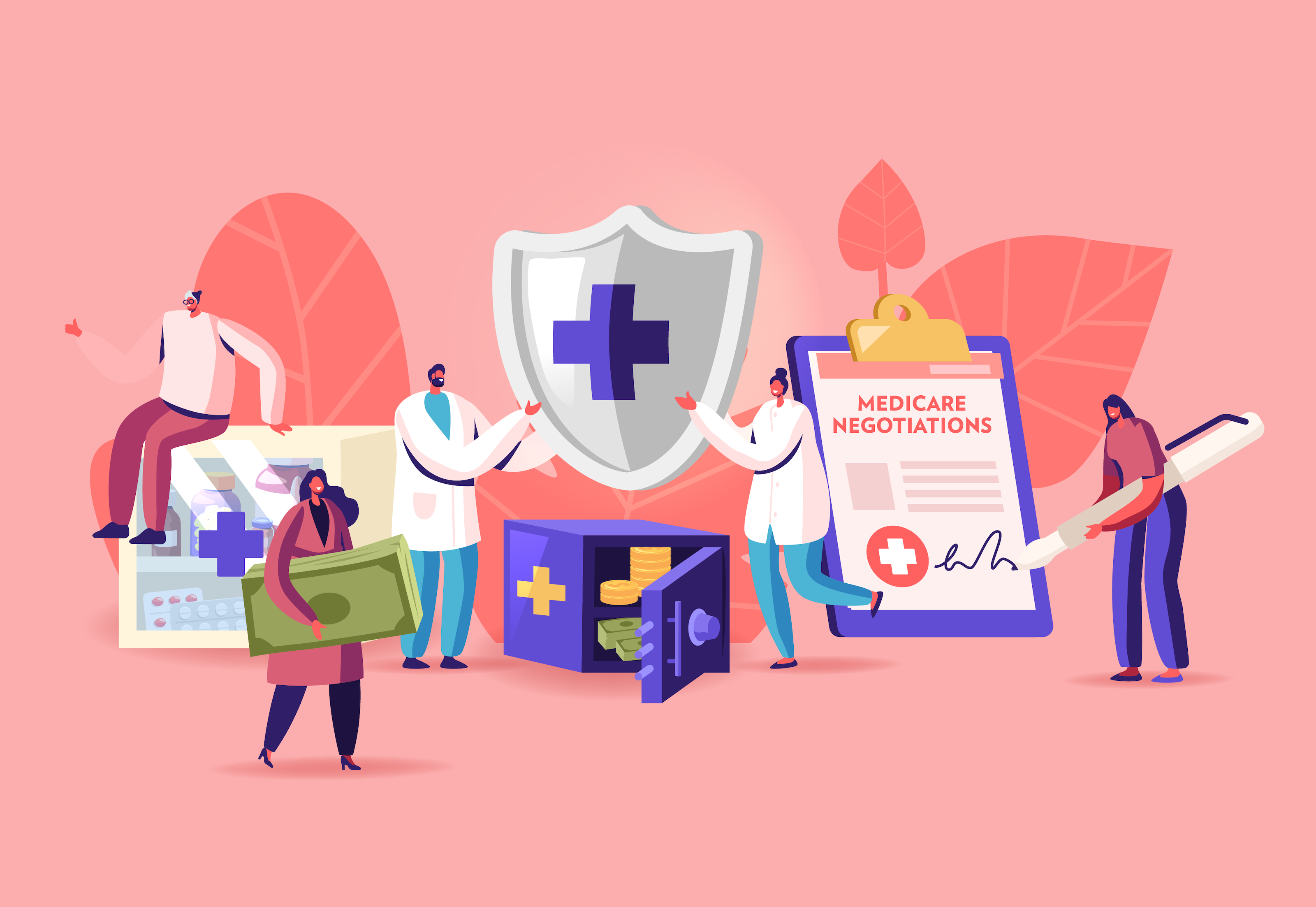 A vector compilation showing various symbols related to health care and its costs including a person signing an agreement, medication, and a person holding money.