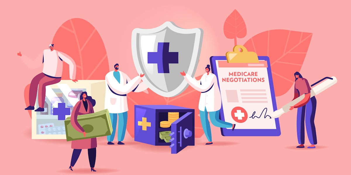 A vector compilation showing various symbols related to health care and its costs including a person signing an agreement, medication, and a person holding money.