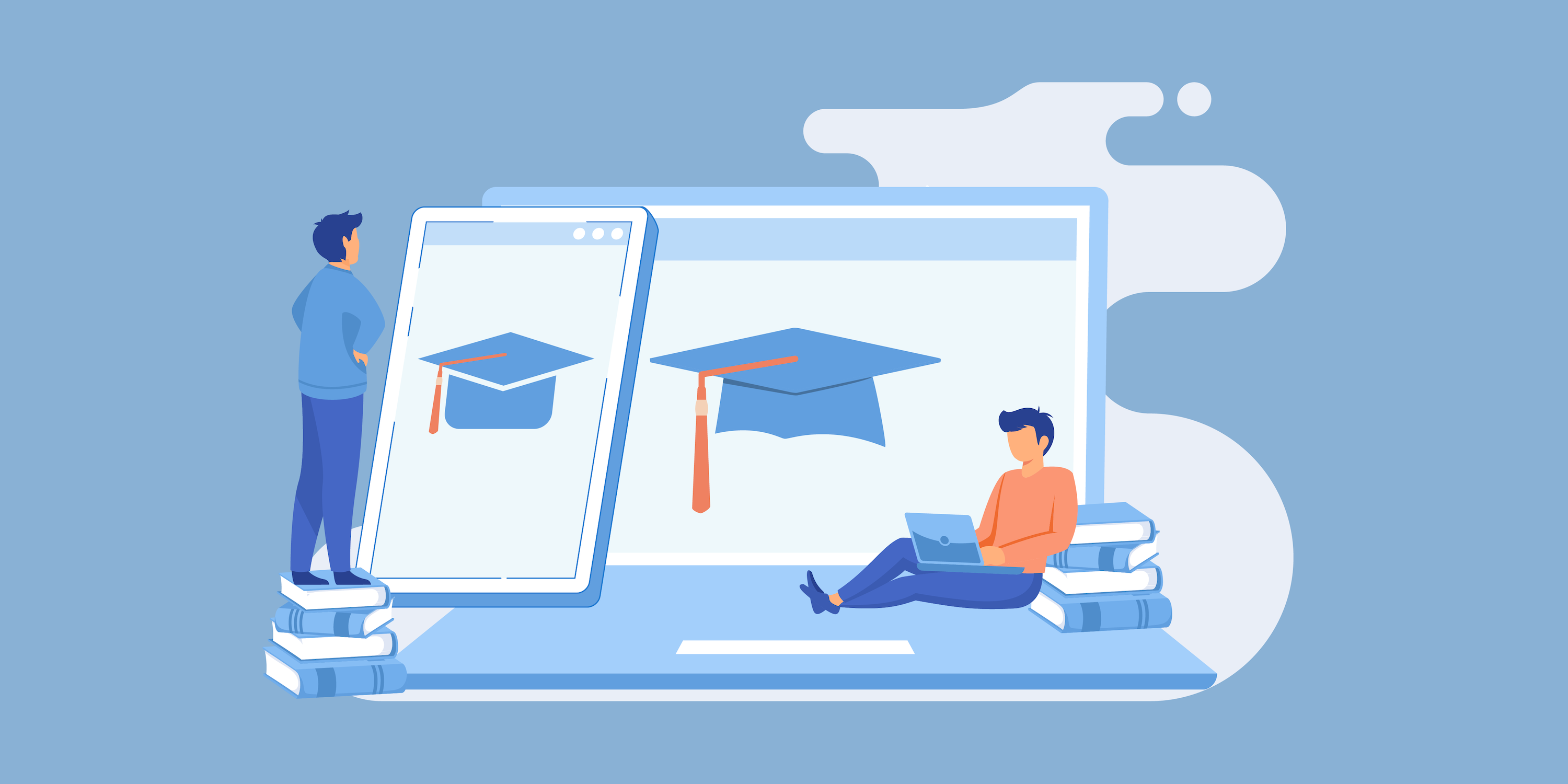 A graphic showing two students taking online classes.