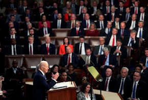 WASHINGTON, DC - FEBRUARY 07: U.S. President Joe Biden delivers his State of the Union address during a joint meeting of Congress in the House Chamber of the U.S. Capitol on February 07, 2023 in Washington, DC. The speech marks Biden's first address to the new Republican-controlled House. (Photo by Win McNamee/Getty Images)