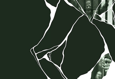 A green backdrop with white, cracked lines throughout, representing a shattered image.