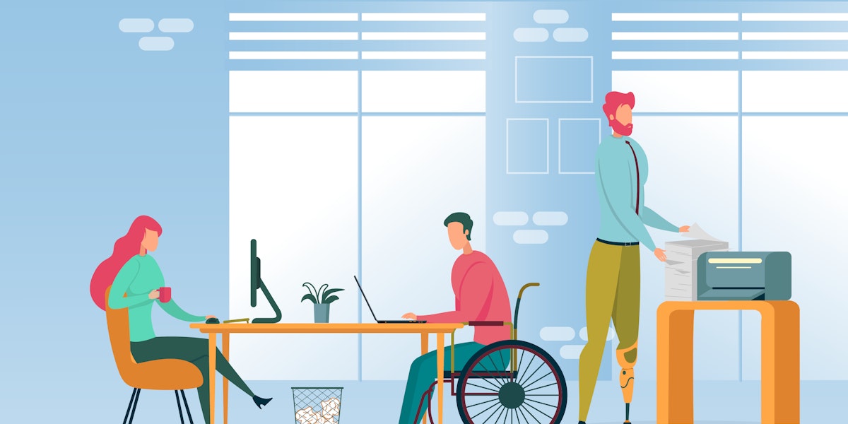 A workplace environment with three employees, two of whom are disabled workers.