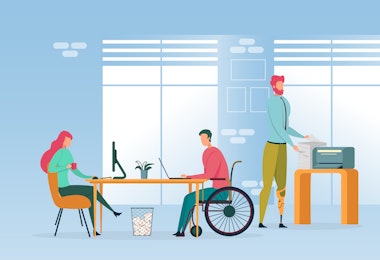 A workplace environment with three employees, two of whom are disabled workers.