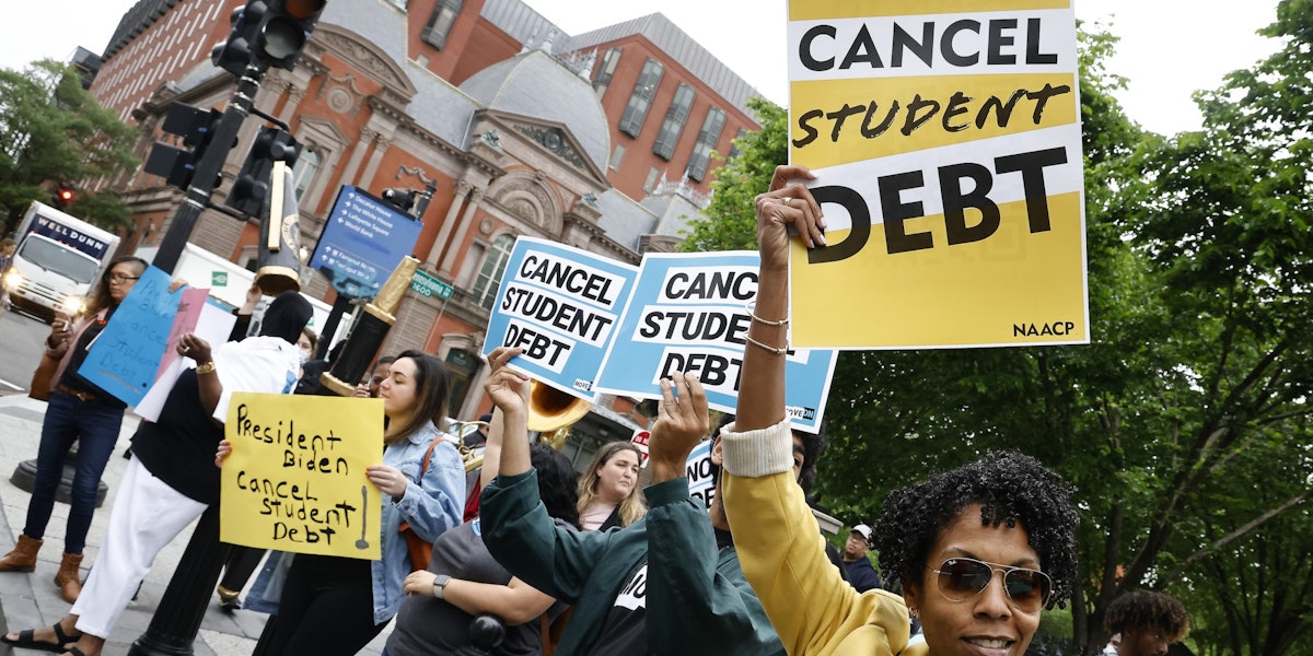 WASHINGTON, DC - MAY 12: Student loan borrowers gather near The White House to tell President Biden to cancel student debt on May 12, 2020 in Washington, DC. (Photo by Paul Morigi/Getty Images for We, The 45 Million)