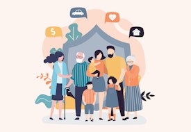 A vector collage showing a family with a series of icons above them that represent various concerns including child care, commuting, health care, and money.