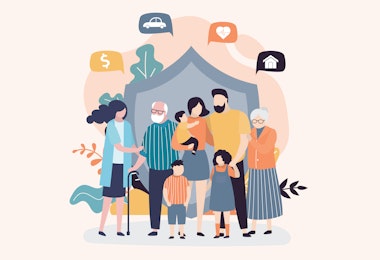 A vector collage showing a family with a series of icons above them that represent various concerns including child care, commuting, health care, and money.