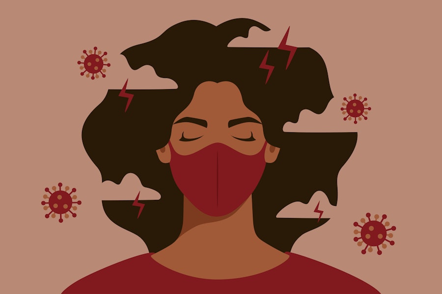 A Black woman is wearing a red, protective mask and surrounded by visualizations of the Covid-19 virus.