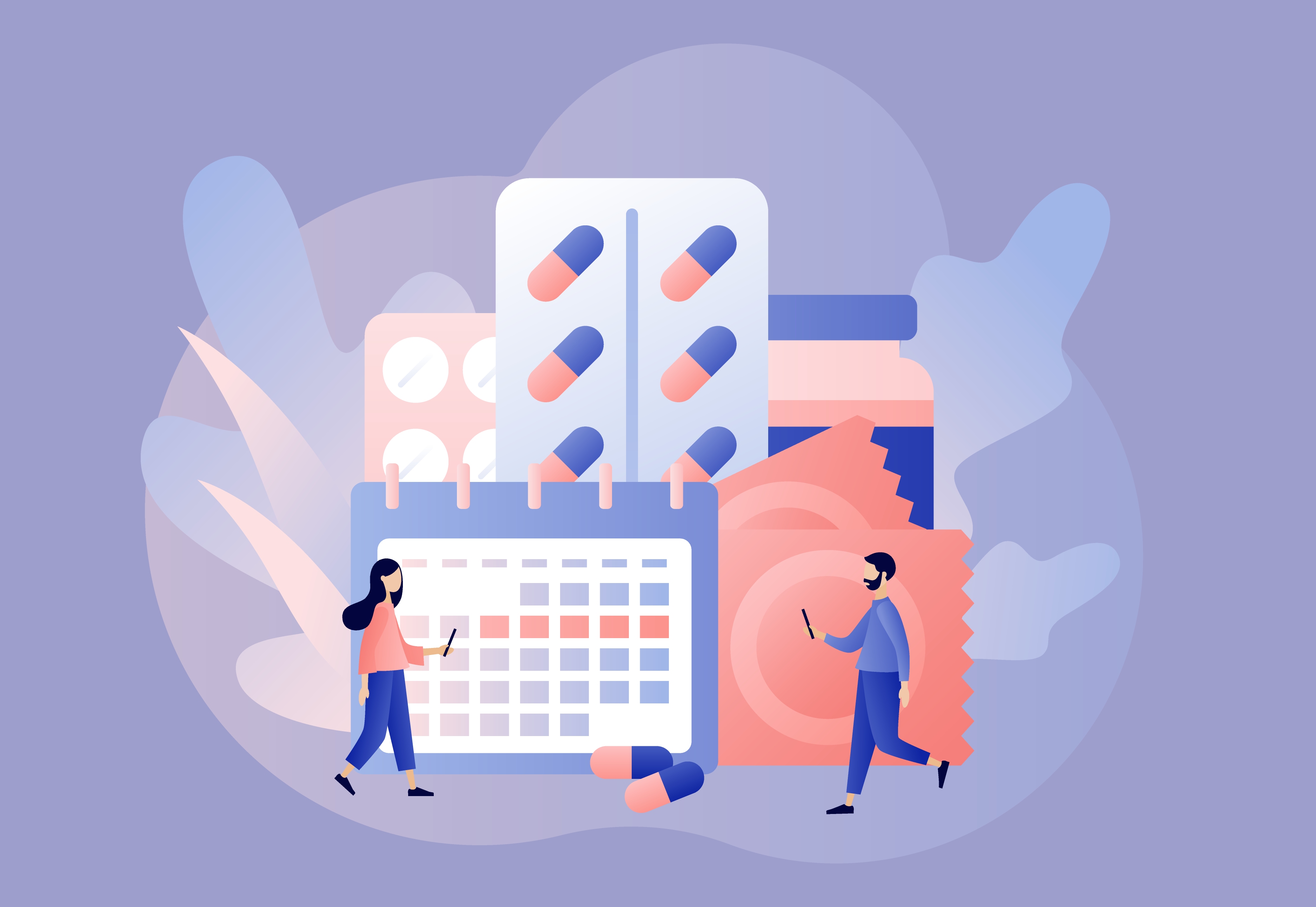 An illustrative collage of various kinds of contraception against a purple background.