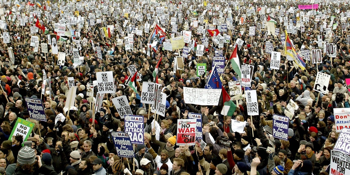 LONDON - FEBRUARY 15:  Thousands of people gather in Hyde Park after finishing an antiwar protest march February 15, 2003 in London, England. The march is believed to be the UK's biggest ever peace protest. Massive demonstrations are taking place in Europe, North America and Australia today against a possible U.S.-led war on Iraq.    (Photo by Scott Barbour/Getty Images)