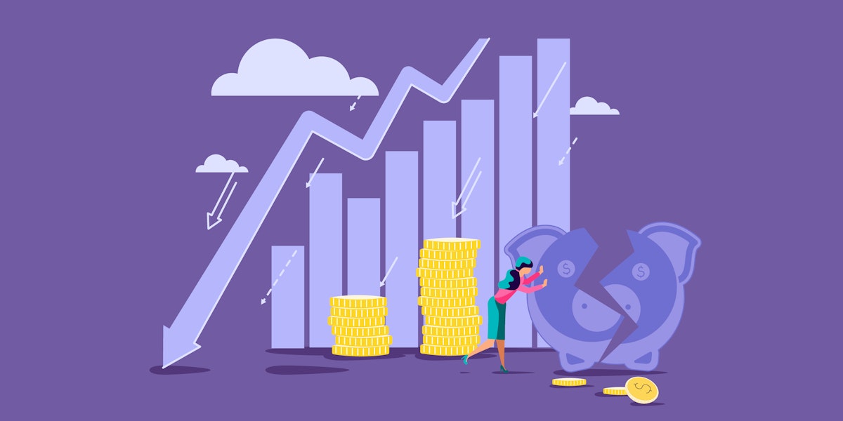 A purple illustration graphic that shows a downward trending bar graph and a woman struggling to hold together a broken coin bank.