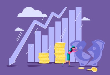 A purple illustration graphic that shows a downward trending bar graph and a woman struggling to hold together a broken coin bank.