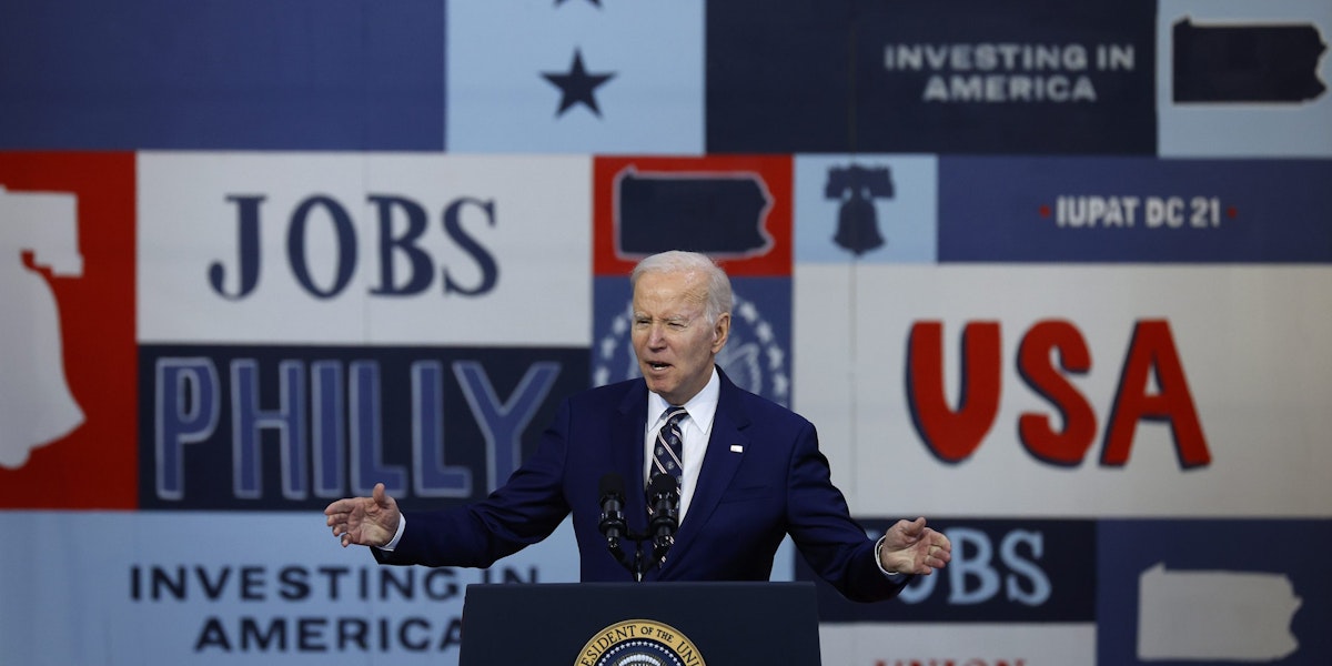 PHILADELPHIA, PENNSYLVANIA - MARCH 09: U.S. President Joe Biden talks about his proposed FY2024 federal budget during an event at the Finishing Trades Institute on March 09, 2023 in Philadelphia, Pennsylvania. Seen as a preview to his re-election platform, Biden's proposed budget is projected to cut the deficit by $3 trillion over the next 10 years. It remains unlikely that the plan will find any support in the Republican-controlled House of Representatives. (Photo by Chip Somodevilla/Getty Images)