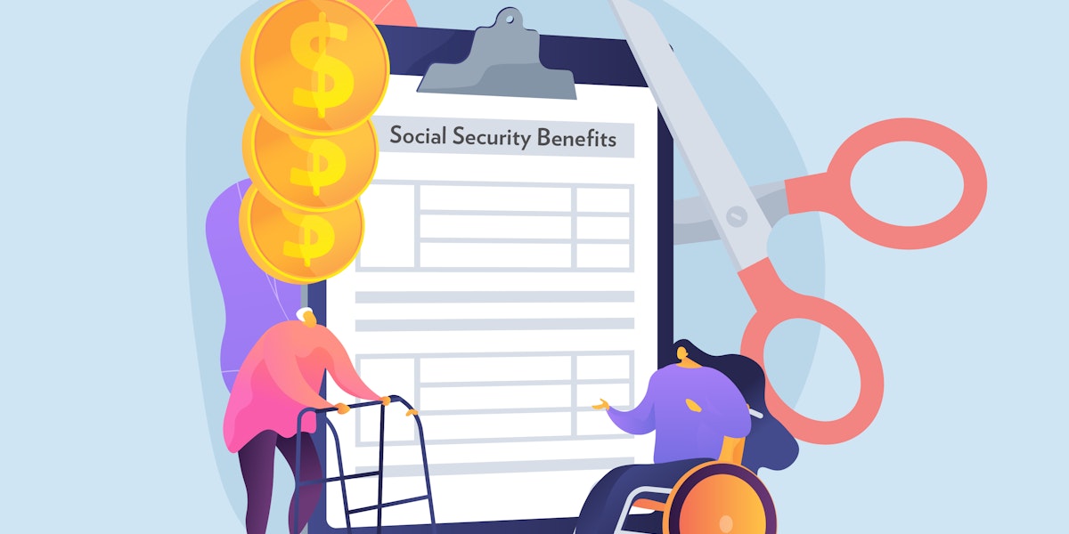 A collage illustration showing a pair of scissors cutting social security.