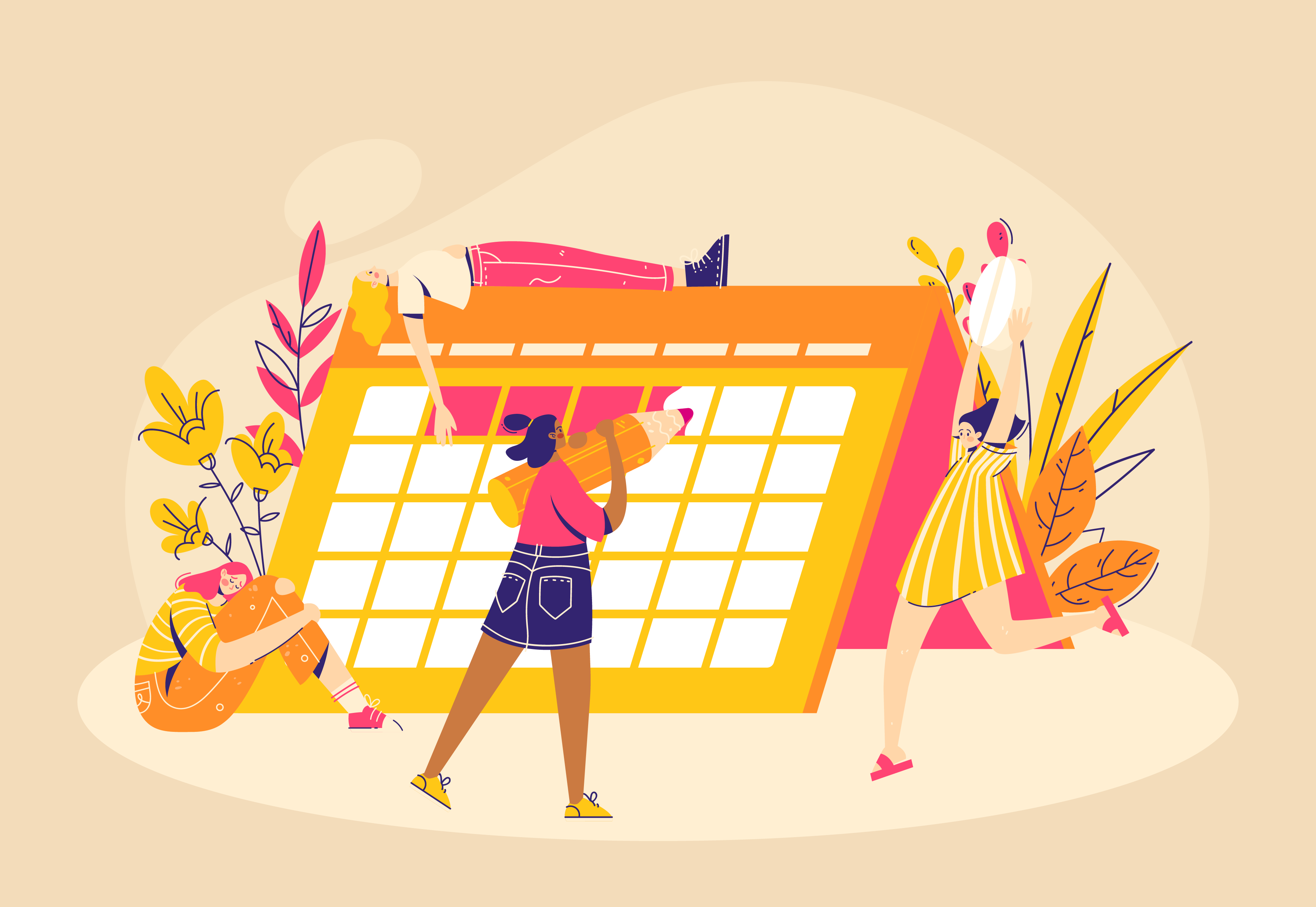 A concept illustration showing a woman checking off menstrual days on a calendar.