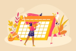 A concept illustration showing a woman checking off menstrual days on a calendar.