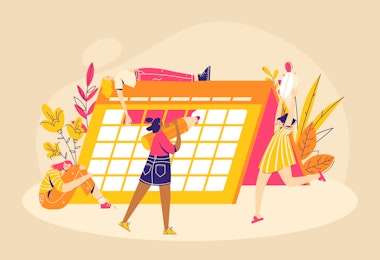 A concept illustration showing a woman checking off menstrual days on a calendar.