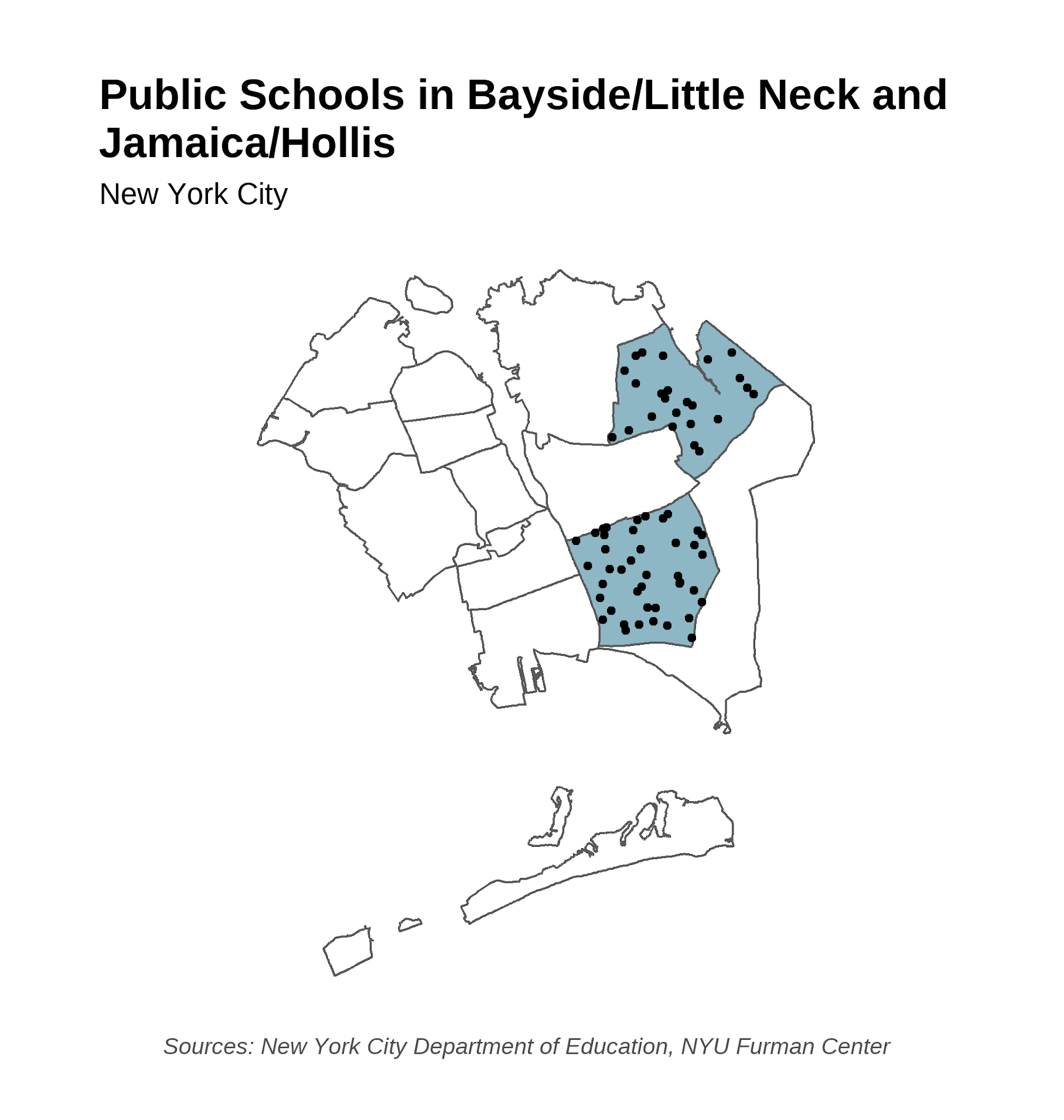 An outline map of public schools in Bayside/Little Neck and Jamaica/Hollis.