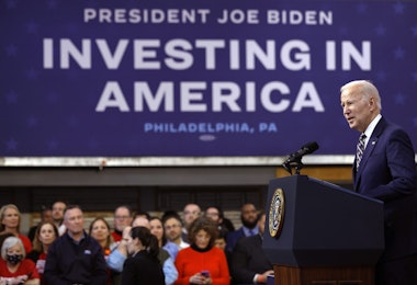 PHILADELPHIA, PENNSYLVANIA - MARCH 09: U.S. President Joe Biden talks about his proposed FY2024 federal budget during an event at the Finishing Trades Institute on March 09, 2023 in Philadelphia, Pennsylvania. Seen as a preview to his re-election platform, Biden's proposed budget is projected to cut the deficit by $3 trillion over the next 10 years. (Photo by Chip Somodevilla/Getty Images)