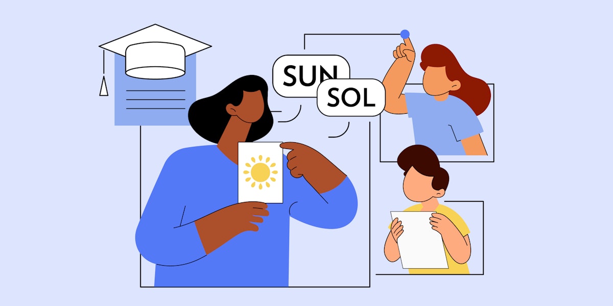 A vector illustration showing two students learning in more than one language.