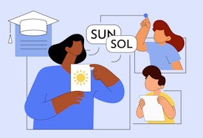 A vector illustration showing two students learning in more than one language.