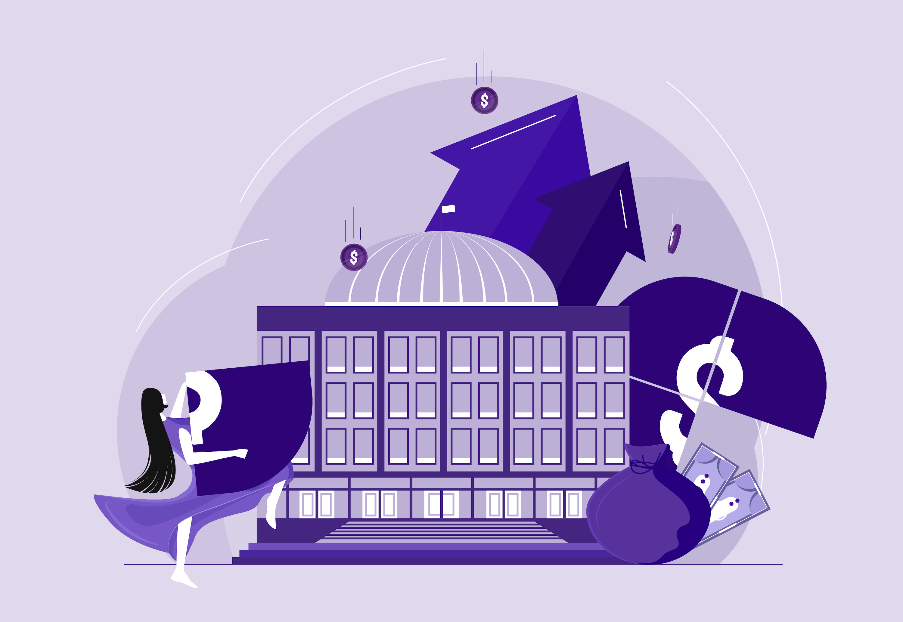 A vector compilation showing a woman holding a fraction of a larger block of funds, representing how women would be disproportionately affected by a failure to raise the debt ceiling.