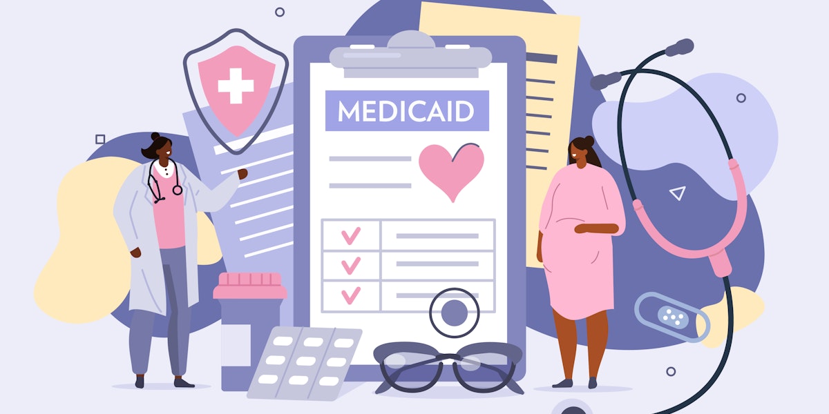 An illustrated collage showing a Black pregnant person in front of various icons that reference health insurance and Medicaid.
