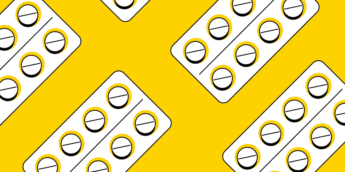 An illustration with a yellow background that shows a slightly abstract image of mifepristone in a repeating pattern.