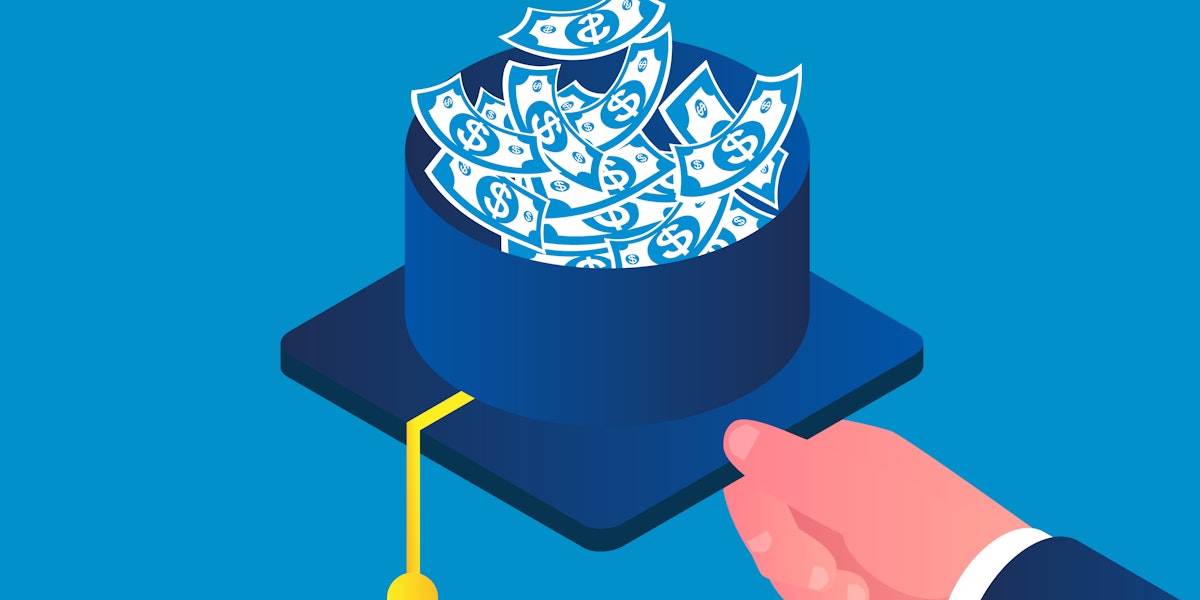 A vector graphic showing a hand holding a graduation cap full of money.