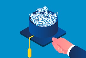 A vector graphic showing a hand holding a graduation cap full of money.