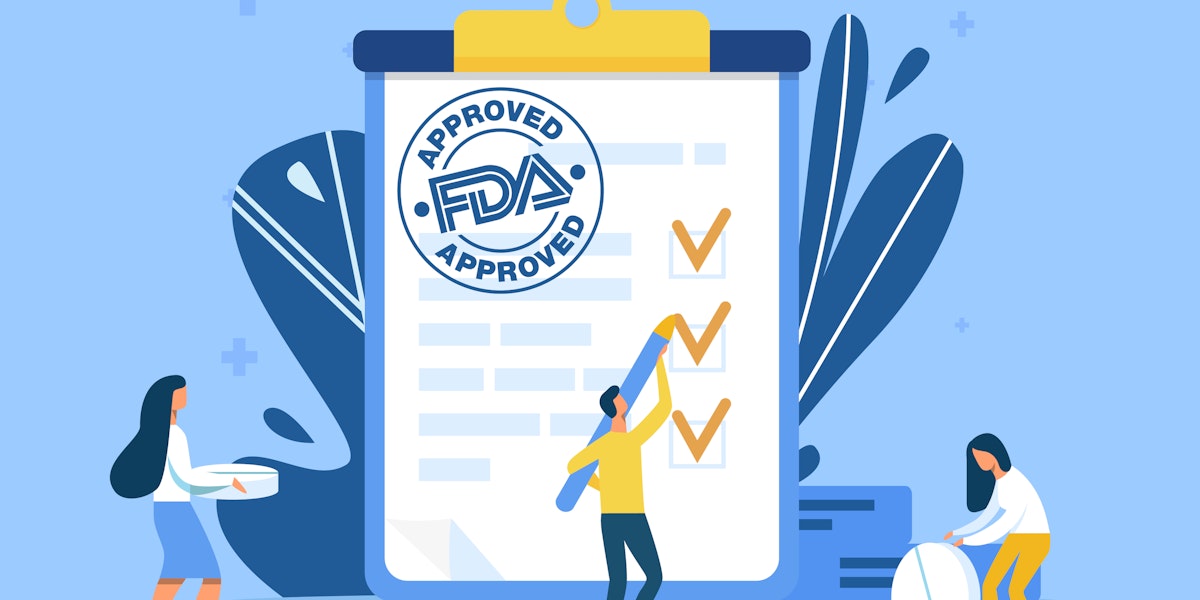 A vector illustration showing an FDA approval stamp on an evaluation sheet and two people holding pills.