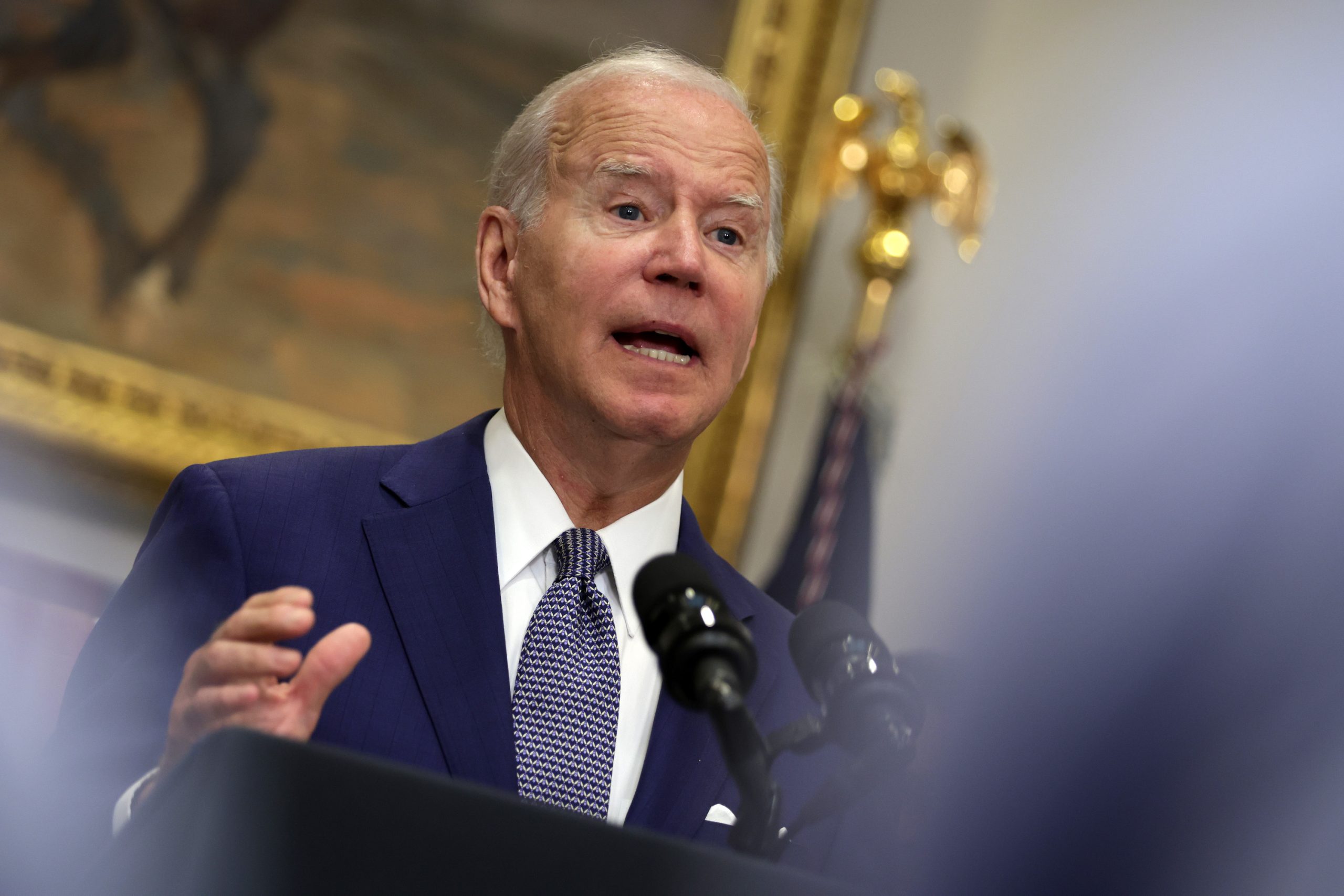 WASHINGTON, DC - JULY 08: U.S. President Joe Biden delivers remarks on reproductive rights during an event at the Roosevelt Room of the White House on July 8, 2022 in Washington, DC. President Biden signed an executive order on access to reproductive health care services.  (Photo by Alex Wong/Getty Images)