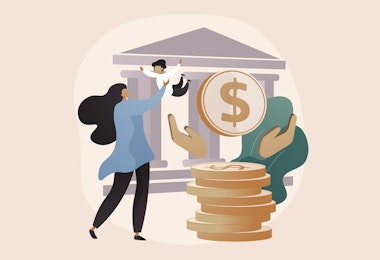 A vector illustration of a person holding a baby in the air with symbols of money next to them.