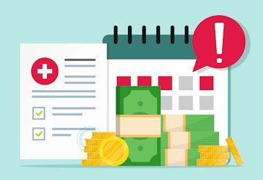 A vector compilation showing a health insurance document and a calendar, alluding to work requirements to receive Medicaid.