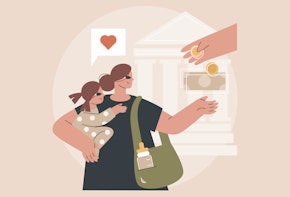 A vector graphic showing a mother receiving money.